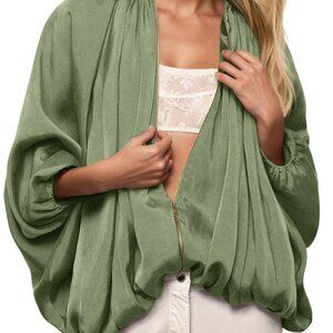 Oversized Bomber Jacket with Batwing Sleeves, Puffed Silky Material